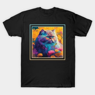 Voluptuous Persian Cat Vibrant Tropical Flower Digital Oil Painting Pet Portrait T-Shirt